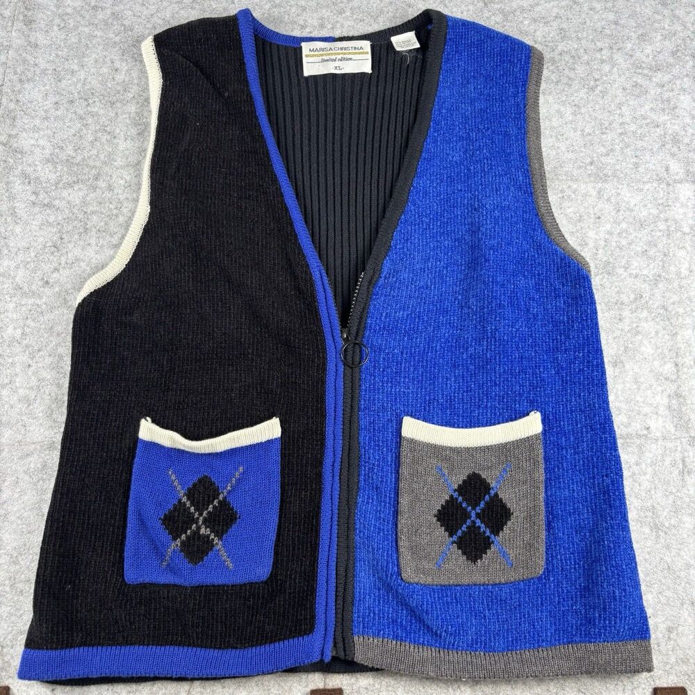 Vintage Marisa Christina Limited Edition Colorblock Argyle Zip Vest Womens XL